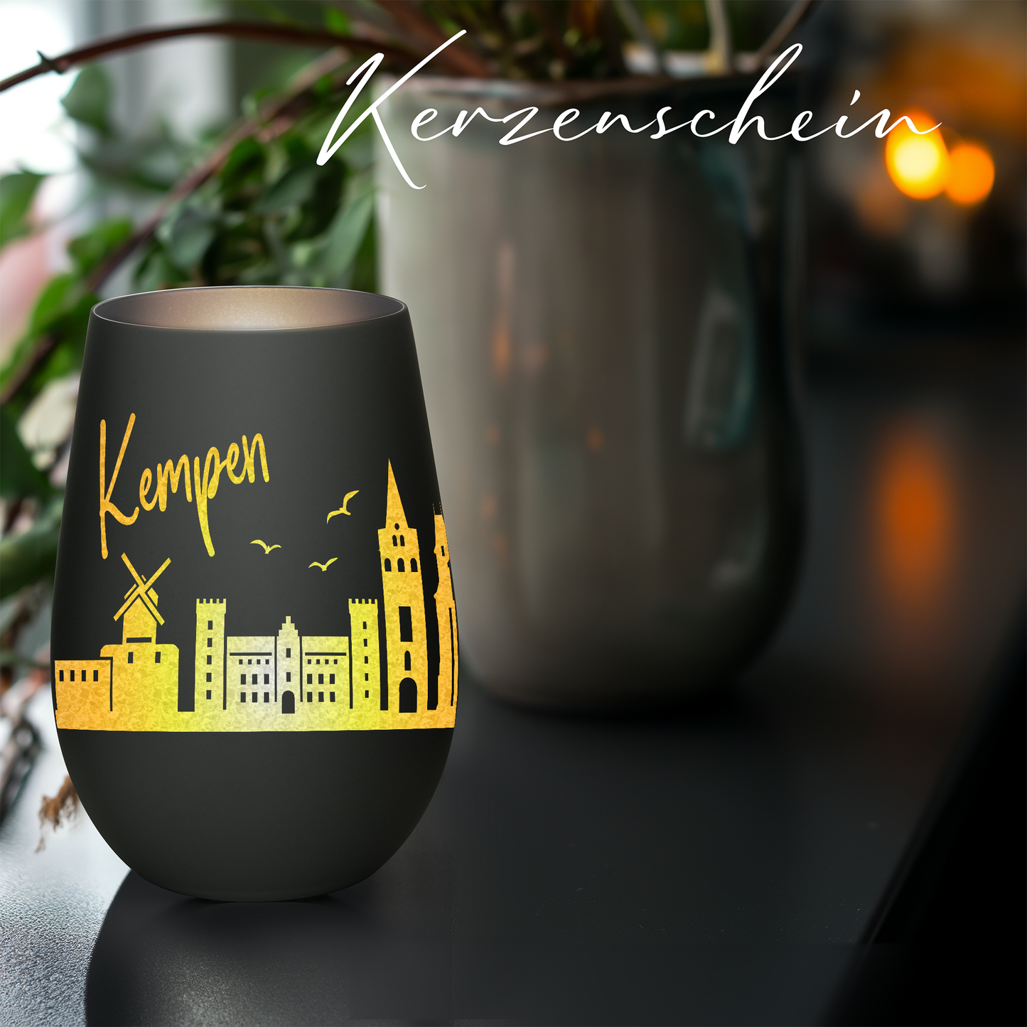 Hochwertiges Glas Windlicht mit Gravur "SKYLINE KEMPEN" in der Farbe Schwarz/Silber