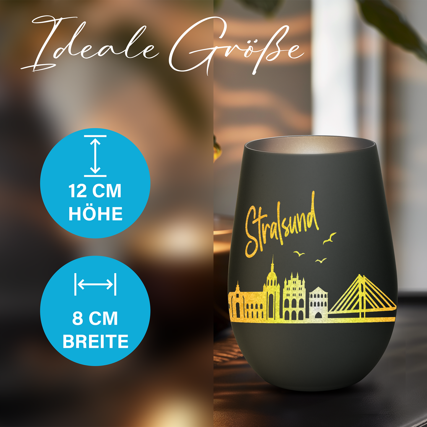 Hochwertiges Glas Windlicht mit Gravur "SKYLINE STRALSUND" in der Farbe Schwarz/Silber