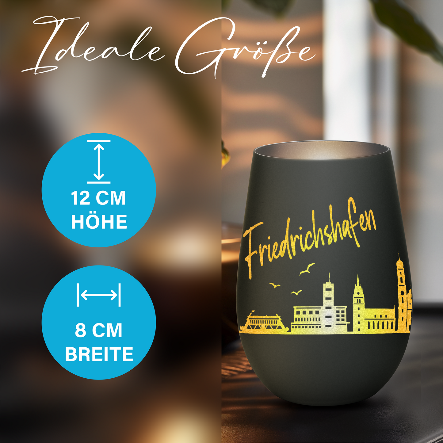 Hochwertiges Glas Windlicht mit Gravur "SKYLINE FRIEDRICHSHAFEN" in der Farbe Schwarz/Silber