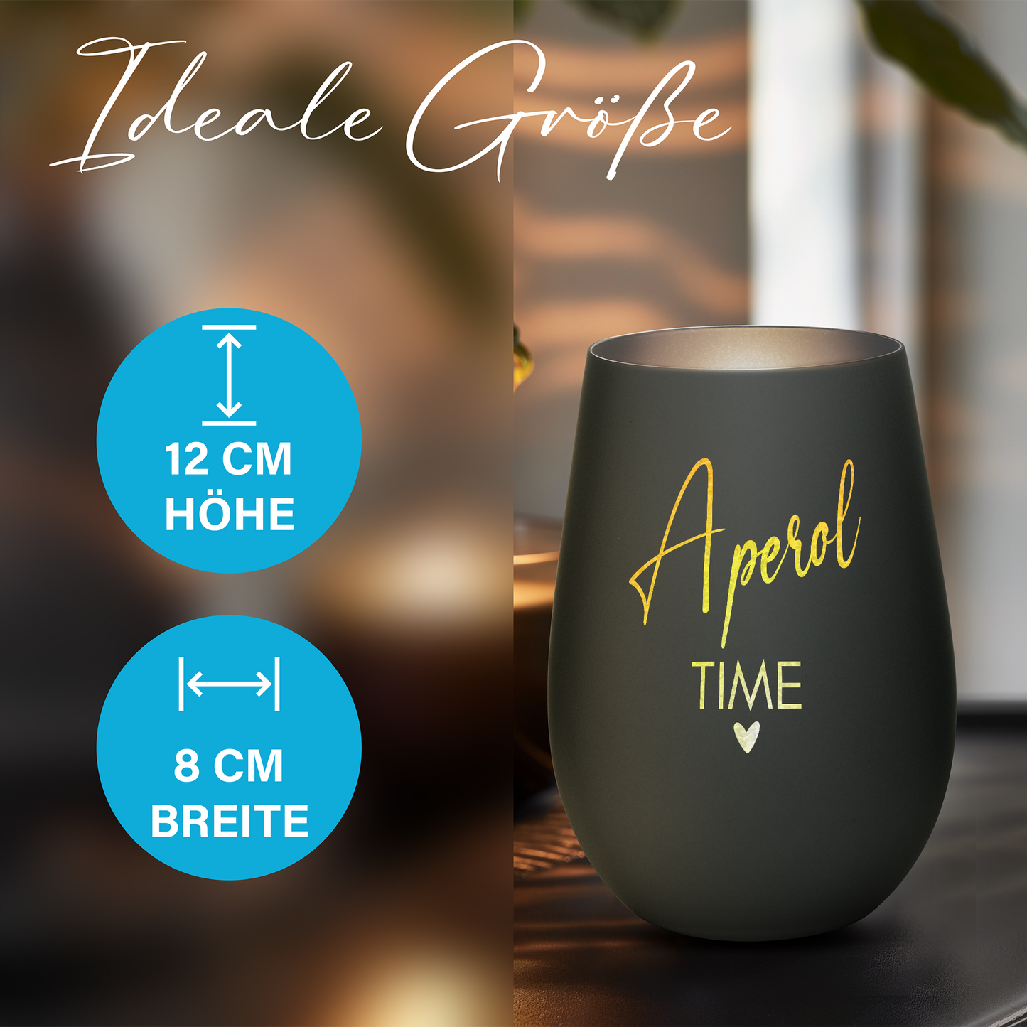 Hochwertiges Glas Windlicht mit Gravur "APEROL TIME" in der Farbe Schwarz/Silber