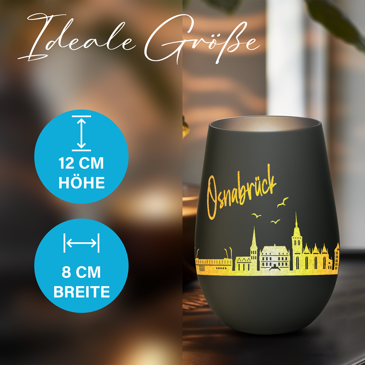 Hochwertiges Glas Windlicht mit Gravur "SKYLINE OSNABRÜCK" in der Farbe Schwarz/Silber
