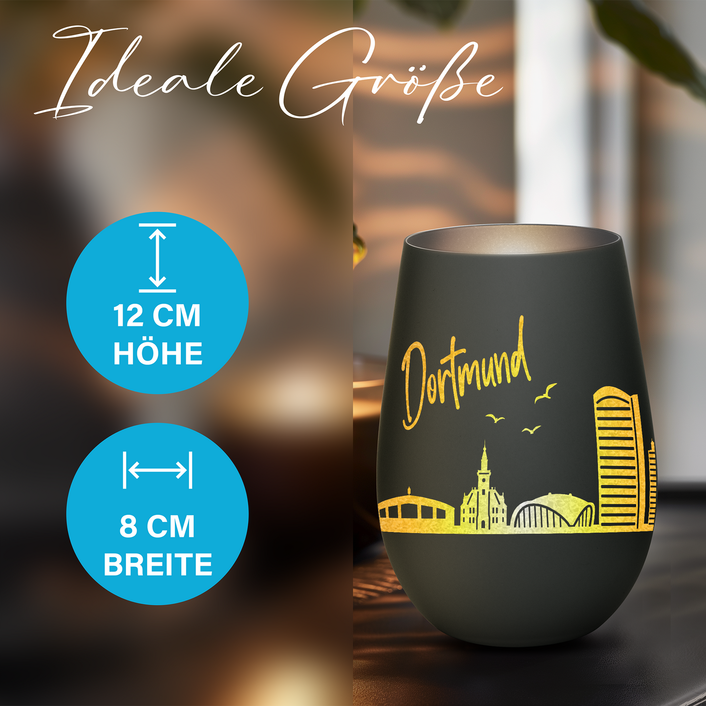 Hochwertiges Glas Windlicht mit Gravur "SKYLINE DORTMUND" in der Farbe Schwarz/Silber
