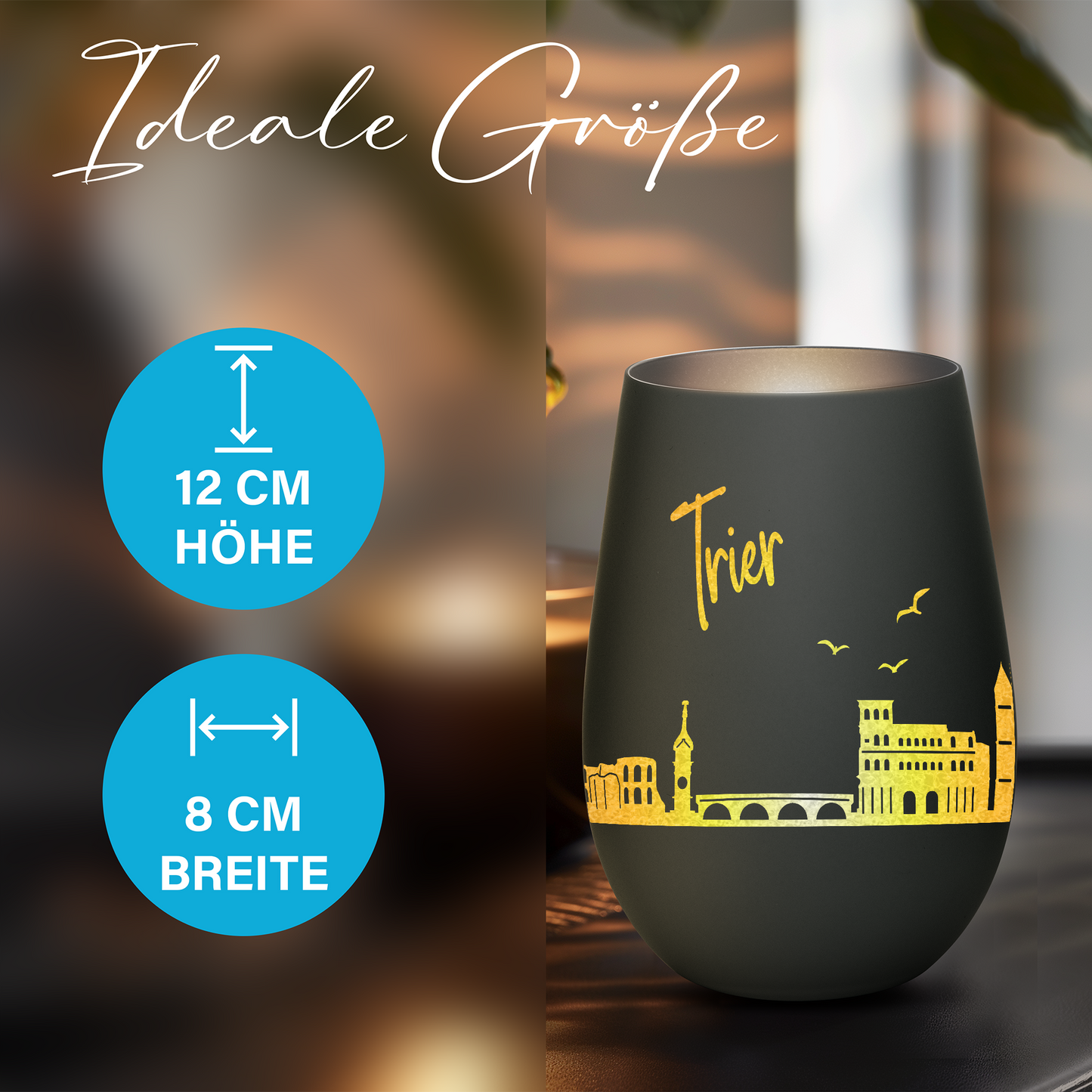 Hochwertiges Glas Windlicht mit Gravur "SKYLINE TRIER" in der Farbe Schwarz/Silber