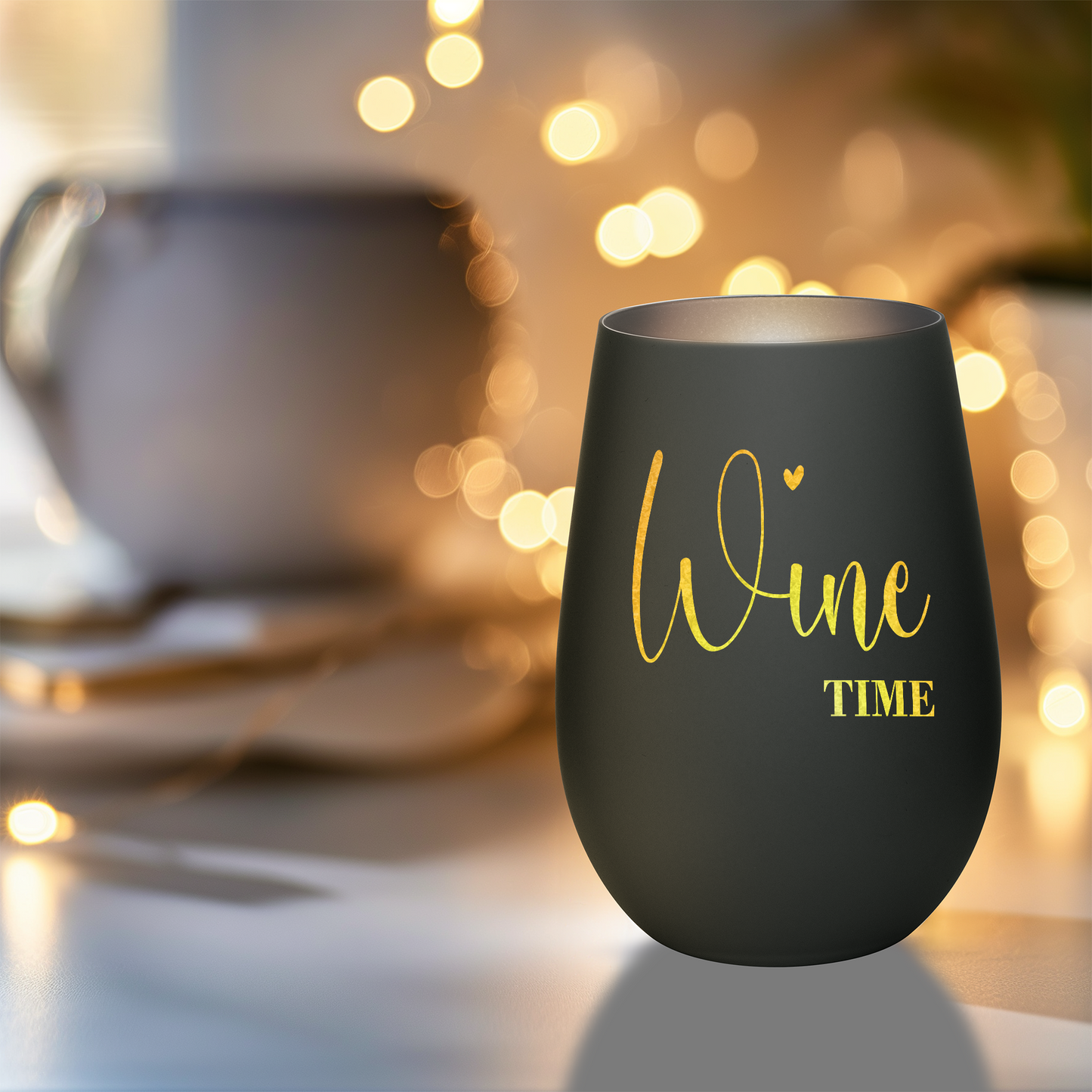 Hochwertiges Glas Windlicht mit Gravur "WINE TIME" in der Farbe Schwarz/Silber