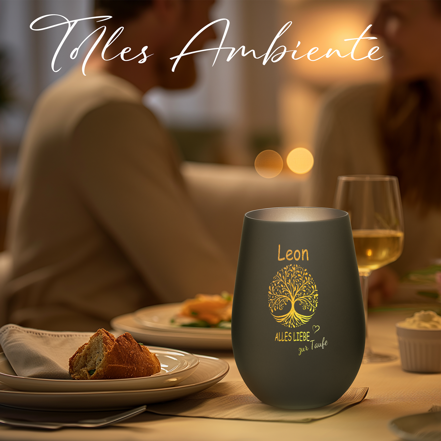 Hochwertiges Glas Windlicht mit Gravur "ALLES LIEBE ZUR TAUFE" mit Wunschname in der Farbe Schwarz/Silber