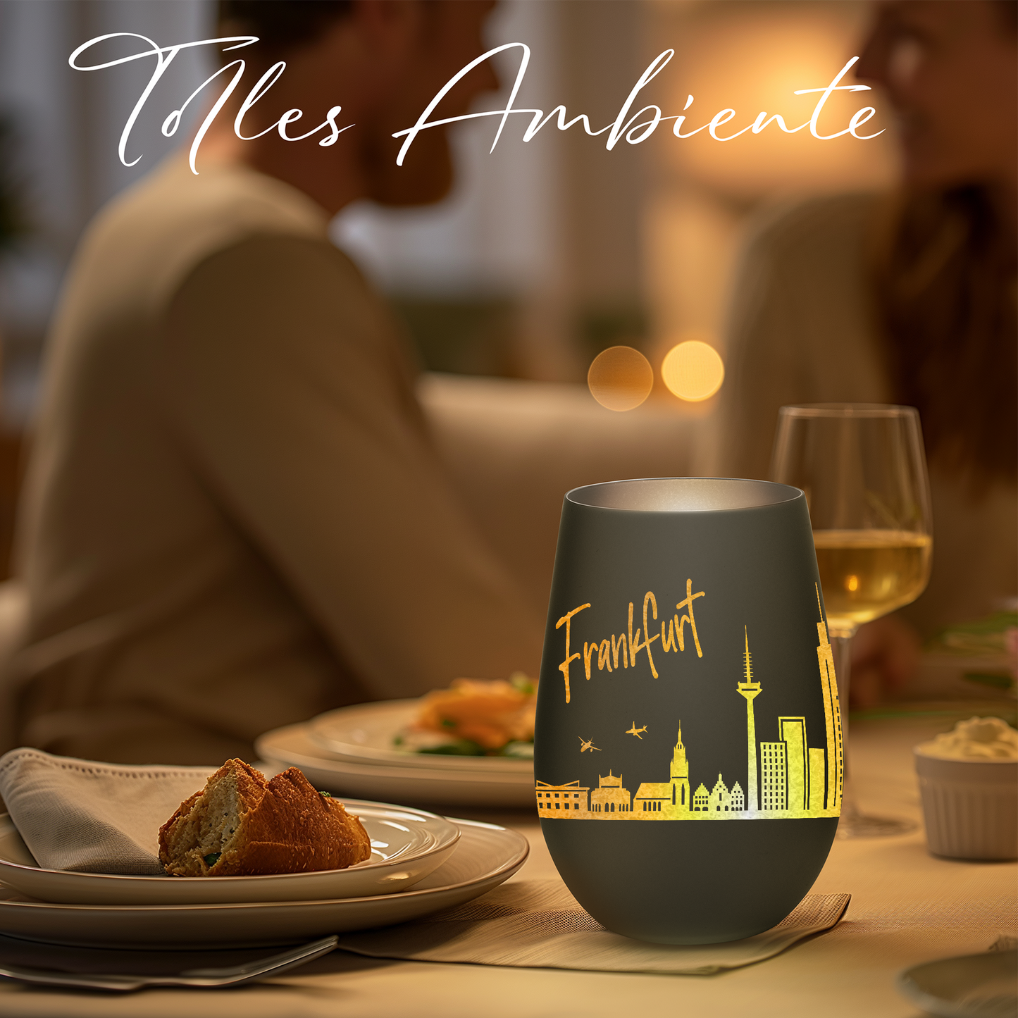 Hochwertiges Glas Windlicht mit Gravur "SKYLINE FRANKFURT" in der Farbe Schwarz/Silber