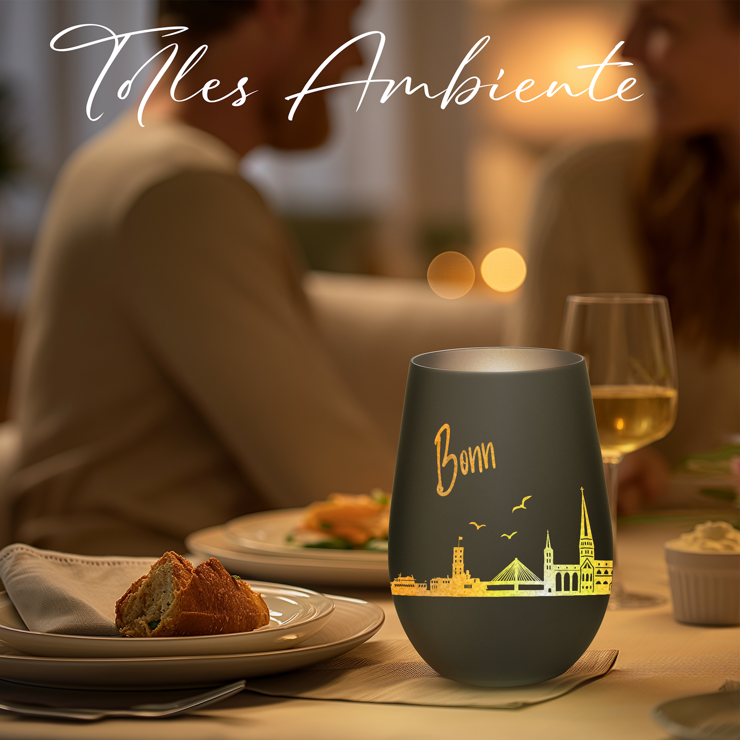 Hochwertiges Glas Windlicht mit Gravur "SKYLINE BONN" in der Farbe Schwarz/Silber