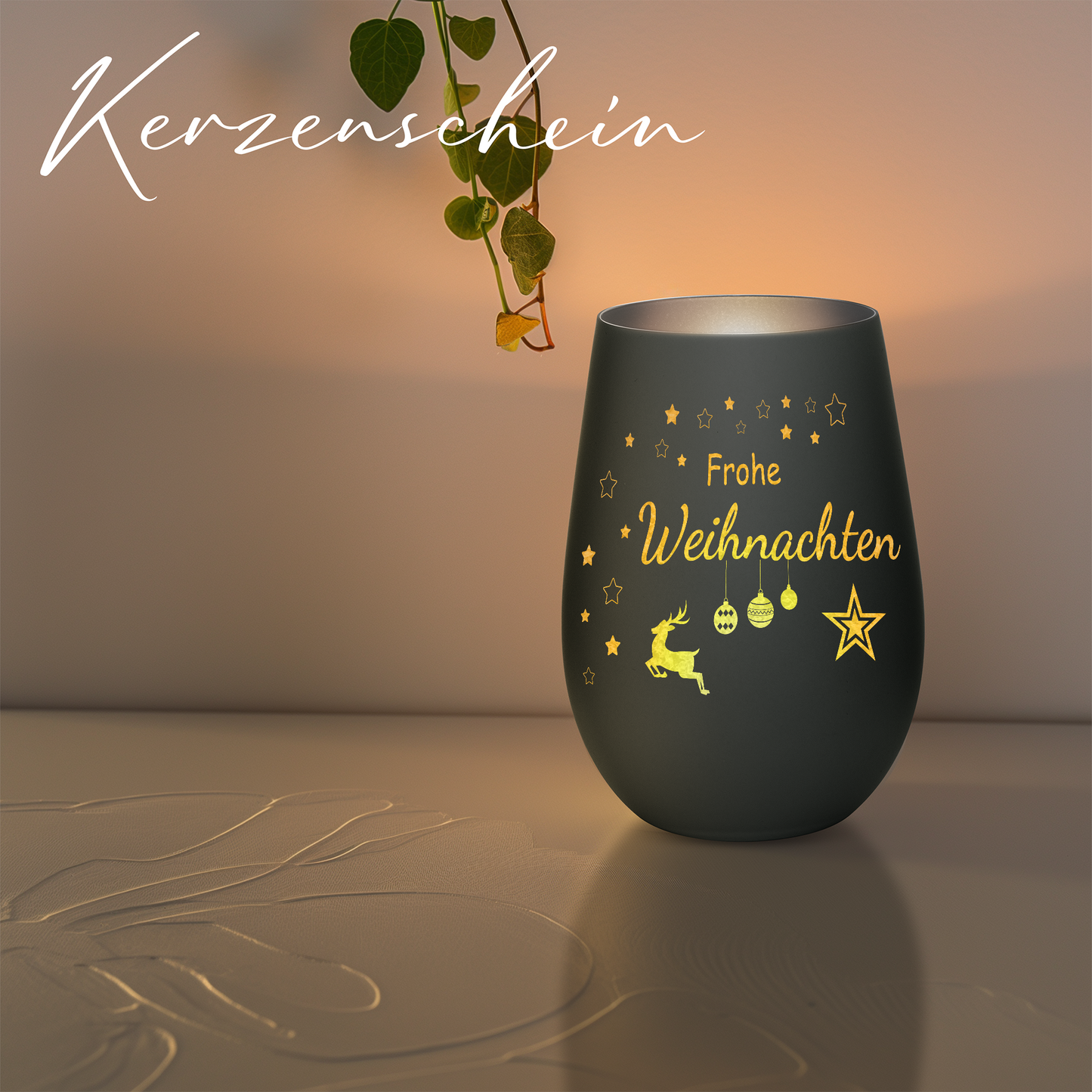 Hochwertiges Glas Windlicht mit Gravur "FROHE WEIHNACHTEN" in der Farbe Schwarz/Silber