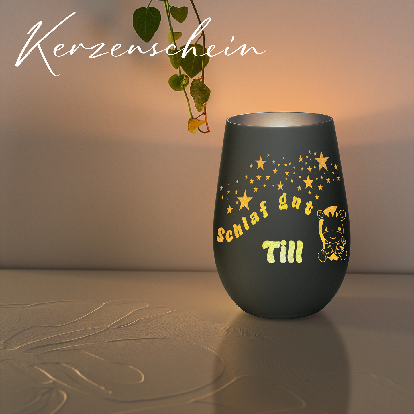 Hochwertiges Glas Windlicht für Kinder mit Gravur "SCHLAF GUT" Motiv Zebra mit Wunschname in der Farbe Schwarz/Silber