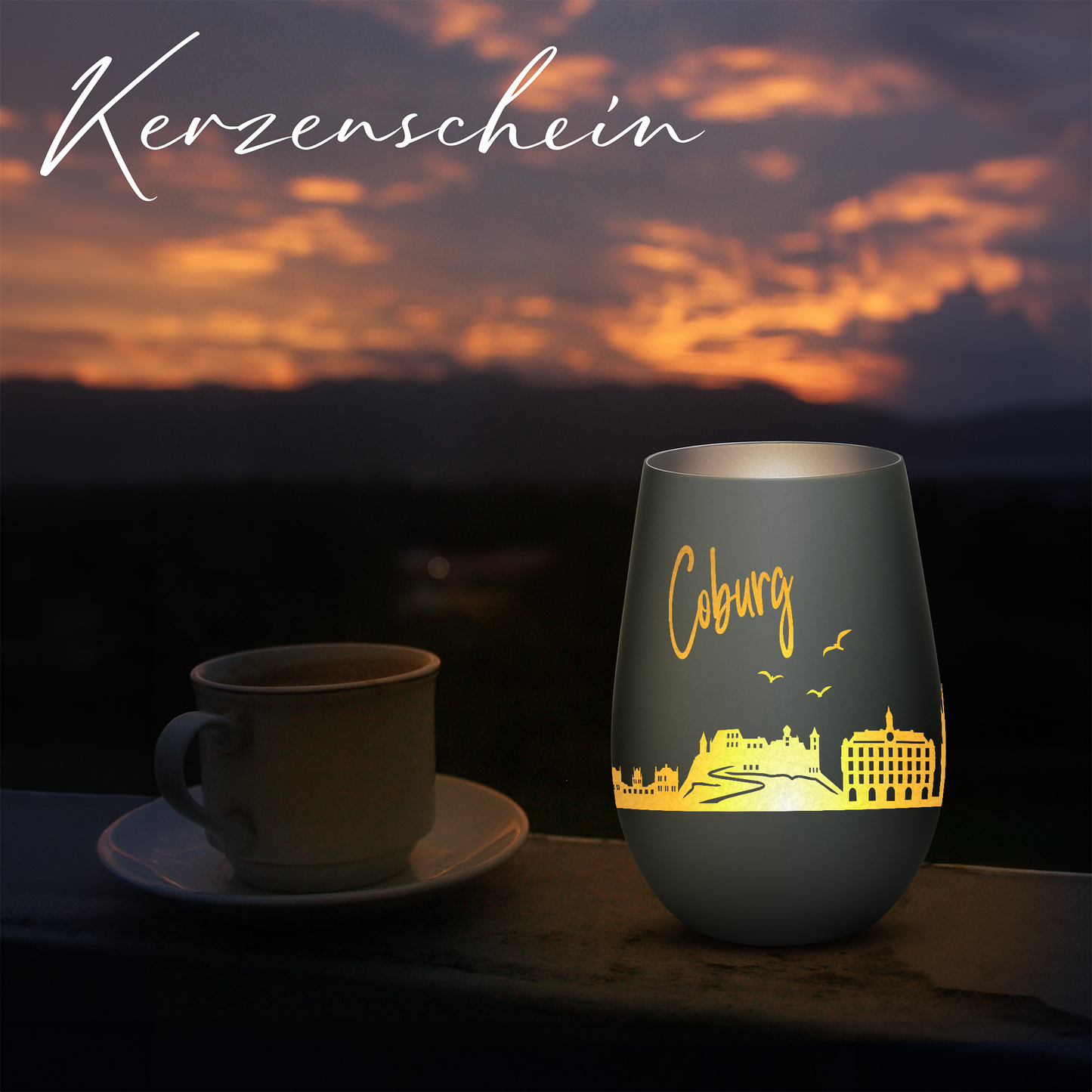 Hochwertiges Glas Windlicht mit Gravur "SKYLINE COBURG" in der Farbe Schwarz/Silber