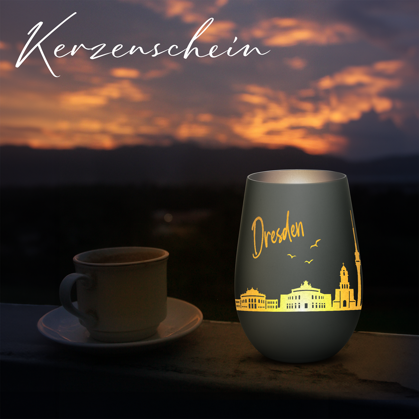 Hochwertiges Glas Windlicht mit Gravur "SKYLINE DRESDEN" in der Farbe Schwarz/Silber