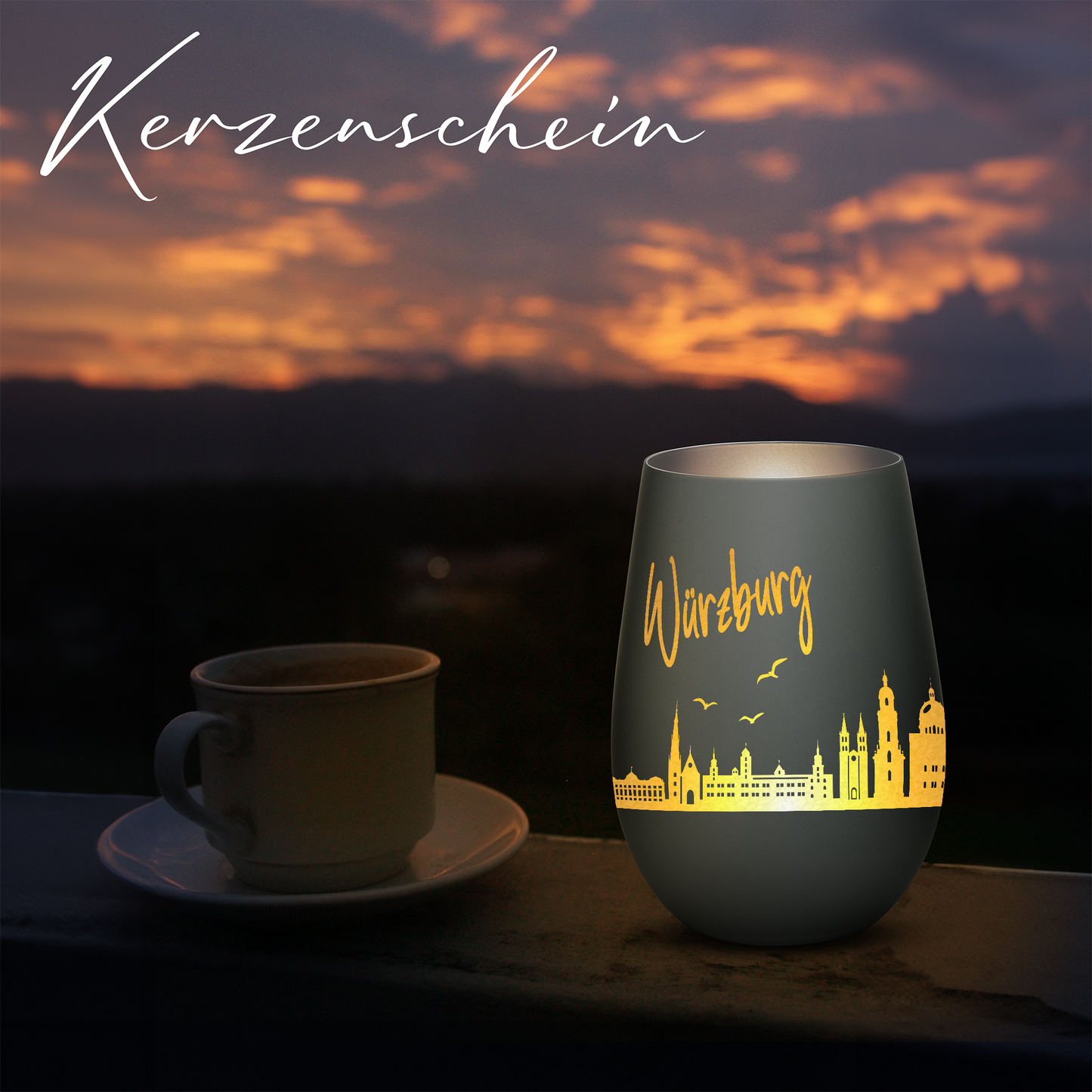 Hochwertiges Glas Windlicht mit Gravur "SKYLINE WÜRZBURG" in der Farbe Schwarz/Silber