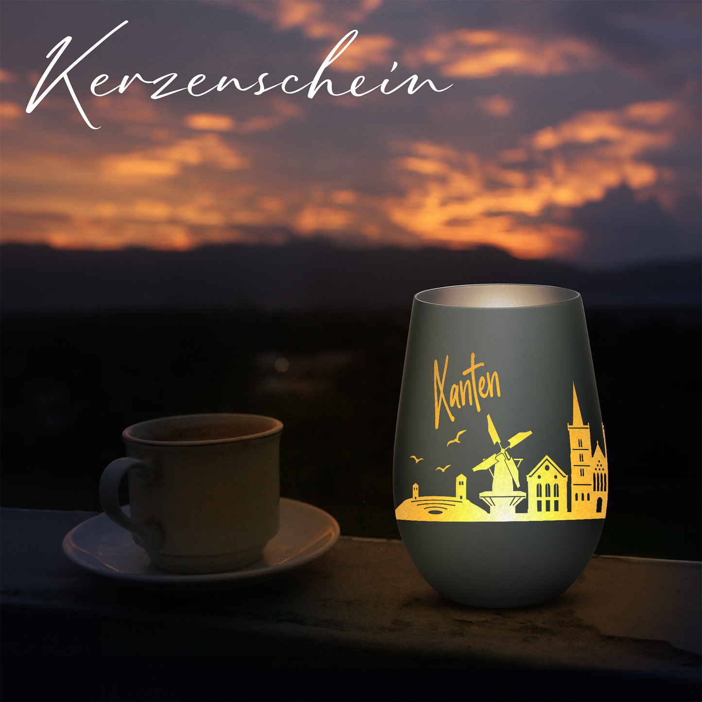 Hochwertiges Glas Windlicht mit Gravur "SKYLINE XANTEN" in der Farbe Schwarz/Silber