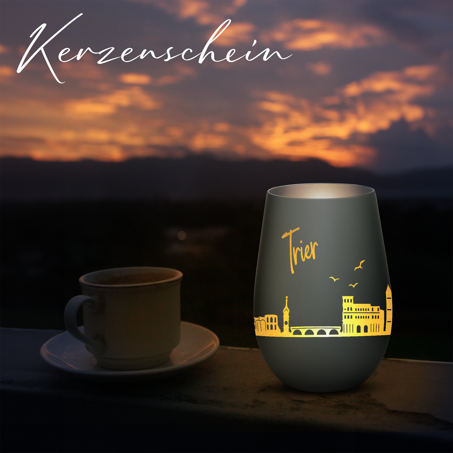 Hochwertiges Glas Windlicht mit Gravur "SKYLINE TRIER" in der Farbe Schwarz/Silber