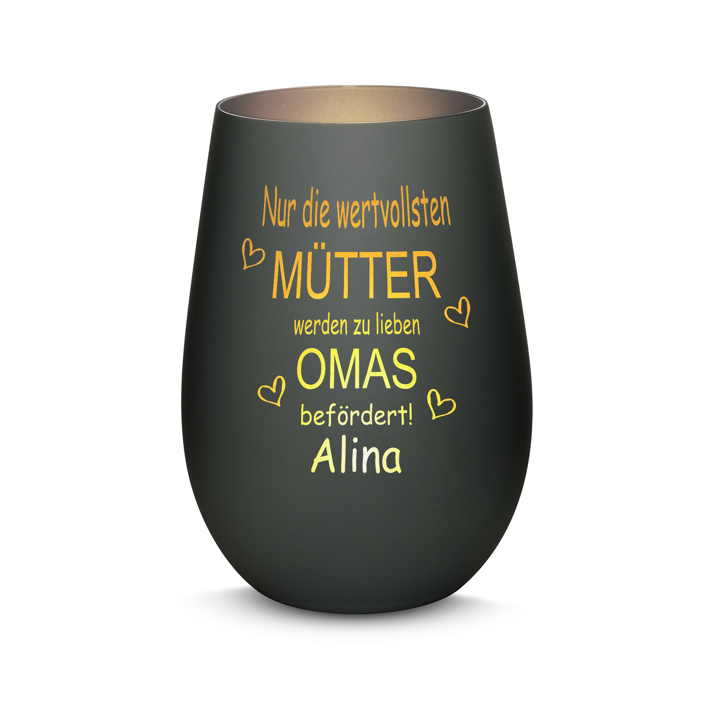 Hochwertiges Glas Windlicht mit Gravur "NUR DIE WERTVOLLSTEN MÜTTER WERDEN ZU LIEBEN OMAS" mit Wunschname in der Farbe Schwarz/Silber