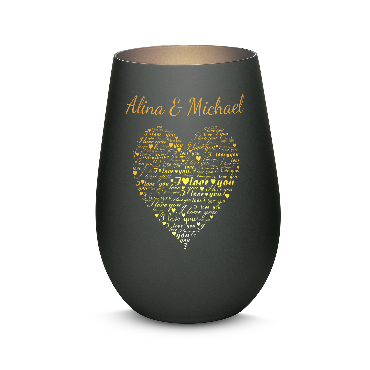 Hochwertiges Glas Windlicht mit Gravur "I LOVE YOU" mit Wunschnamen in der Farbe Schwarz/Silber