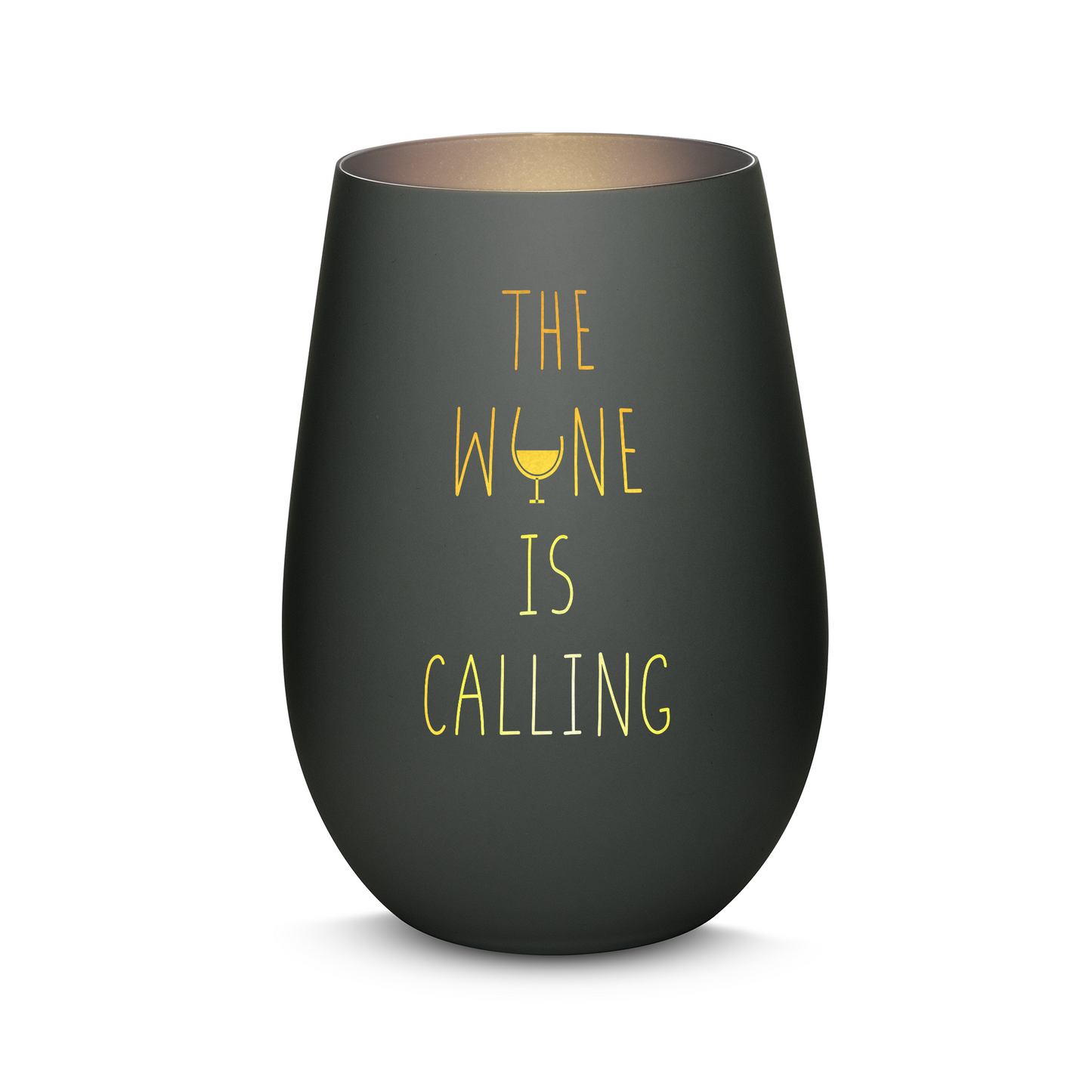 Hochwertiges Glas Windlicht mit Gravur "THE WINE IS CALLING" in der Farbe Schwarz/Silber