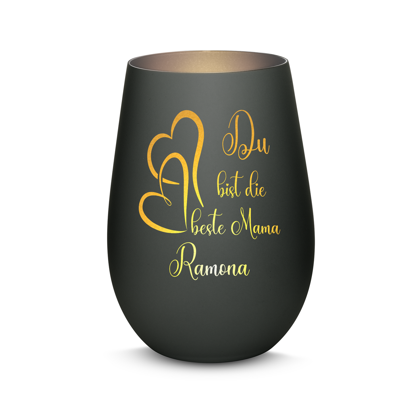 Hochwertiges Glas Windlicht mit Gravur "DU BIST DIE BESTE MAMA" mit Wunschname in der Farbe Schwarz/Silber