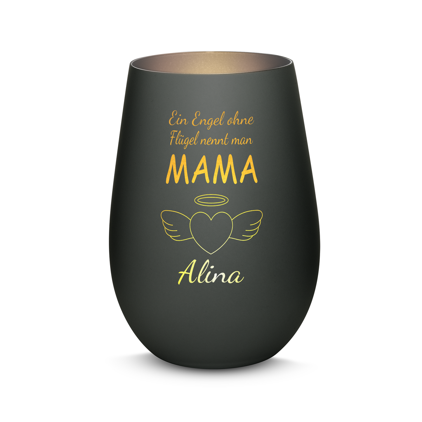 Hochwertiges Glas Windlicht mit Gravur "EIN ENGEL OHNE FLÜGEL NENNT MAN MAMA" mit Wunschname in der Farbe Schwarz/Silber