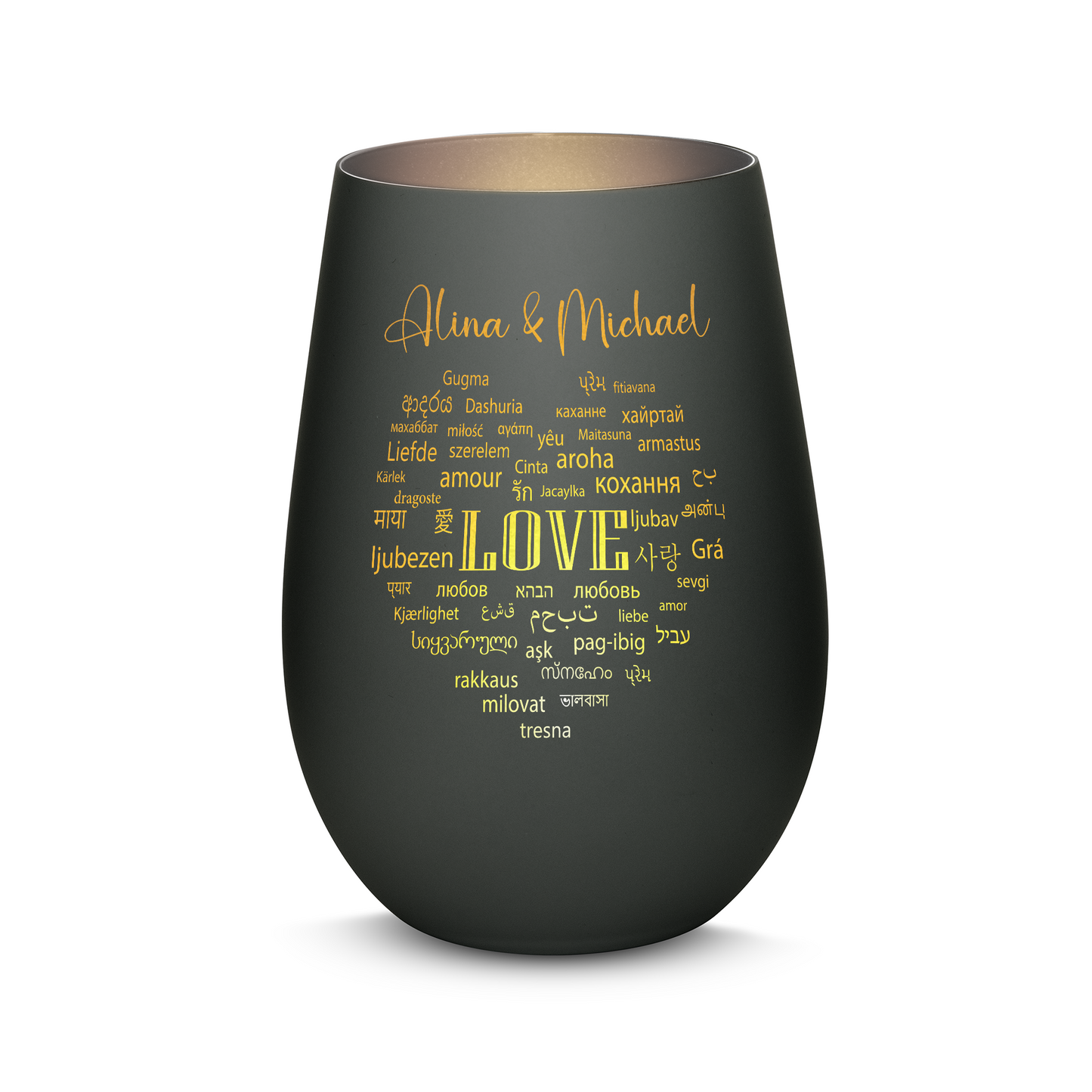 Hochwertiges Glas Windlicht mit Gravur "LIEBE IN ALLEN SPRACHEN" mit Wunschnamen in der Farbe Schwarz/Silber