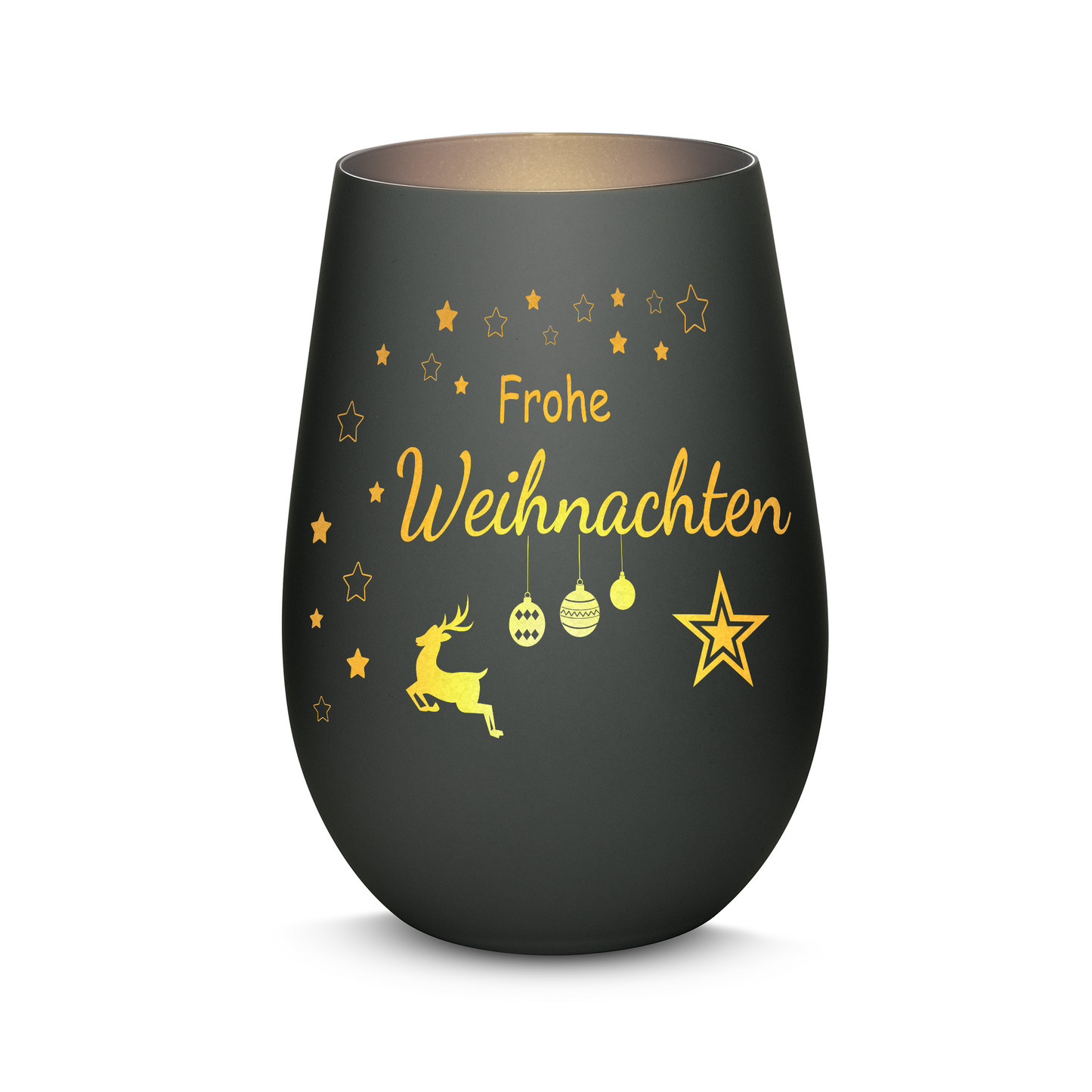 Hochwertiges Glas Windlicht mit Gravur "FROHE WEIHNACHTEN" in der Farbe Schwarz/Silber