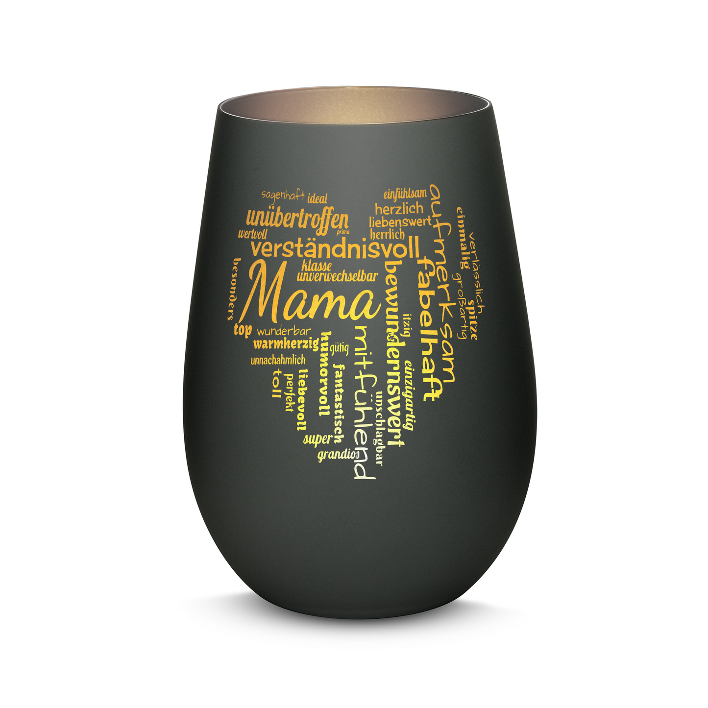 Hochwertiges Glas Windlicht mit Gravur "MAMA GROßES HERZ" in der Farbe Schwarz/Silber