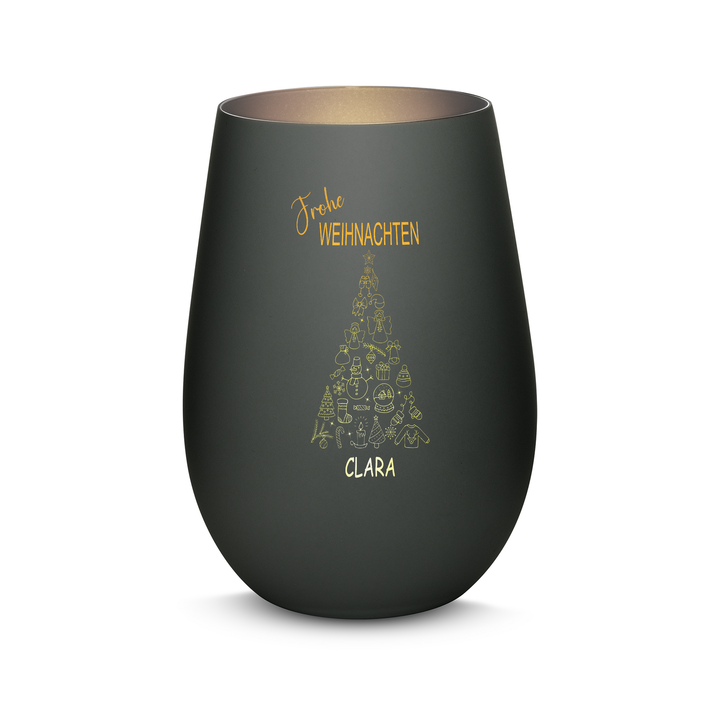 Hochwertiges Glas Windlicht mit Gravur "FROHE WEIHNACHTEN" mit Wunschname in der Farbe Schwarz/Silber