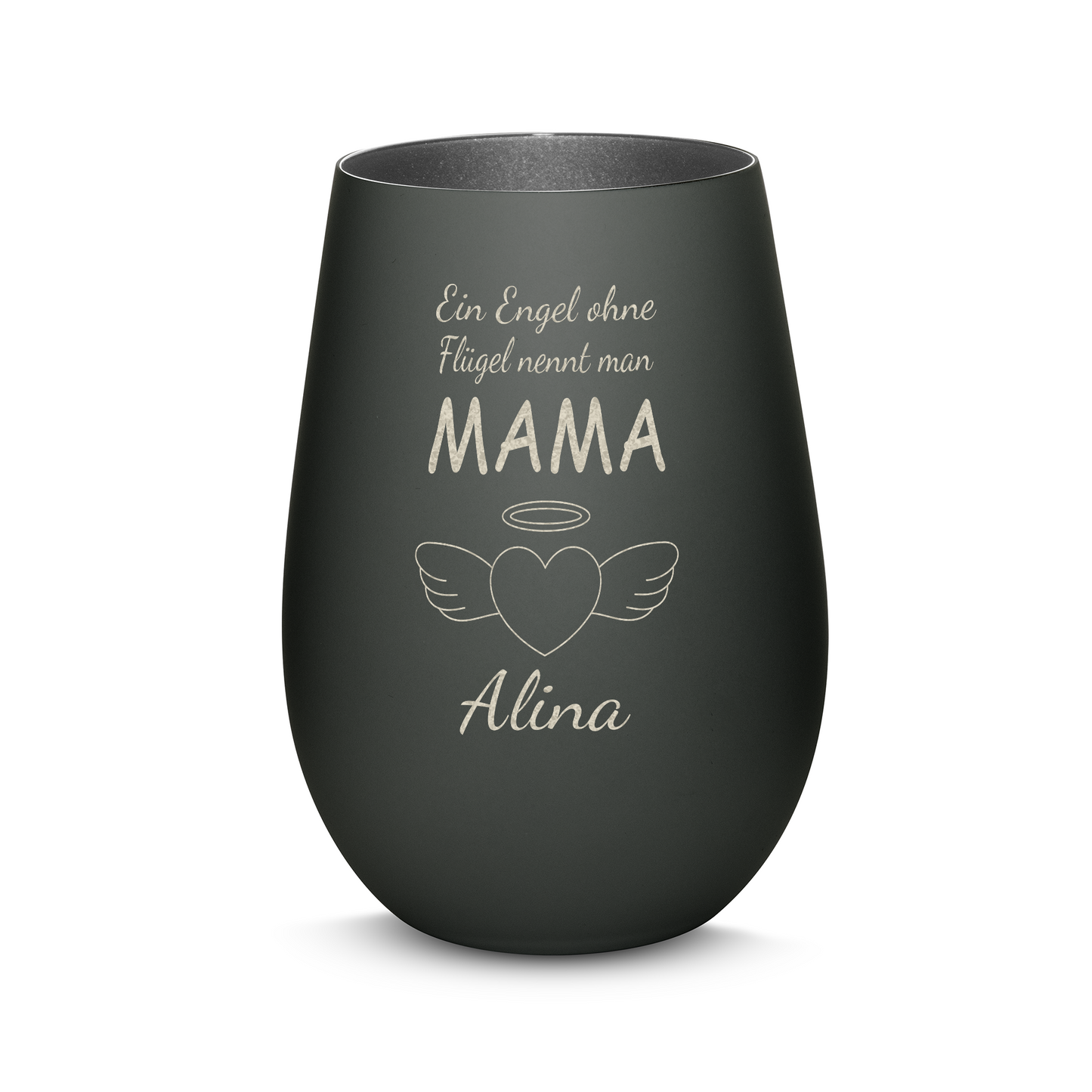 Hochwertiges Glas Windlicht mit Gravur "EIN ENGEL OHNE FLÜGEL NENNT MAN MAMA" mit Wunschname in der Farbe Schwarz/Silber