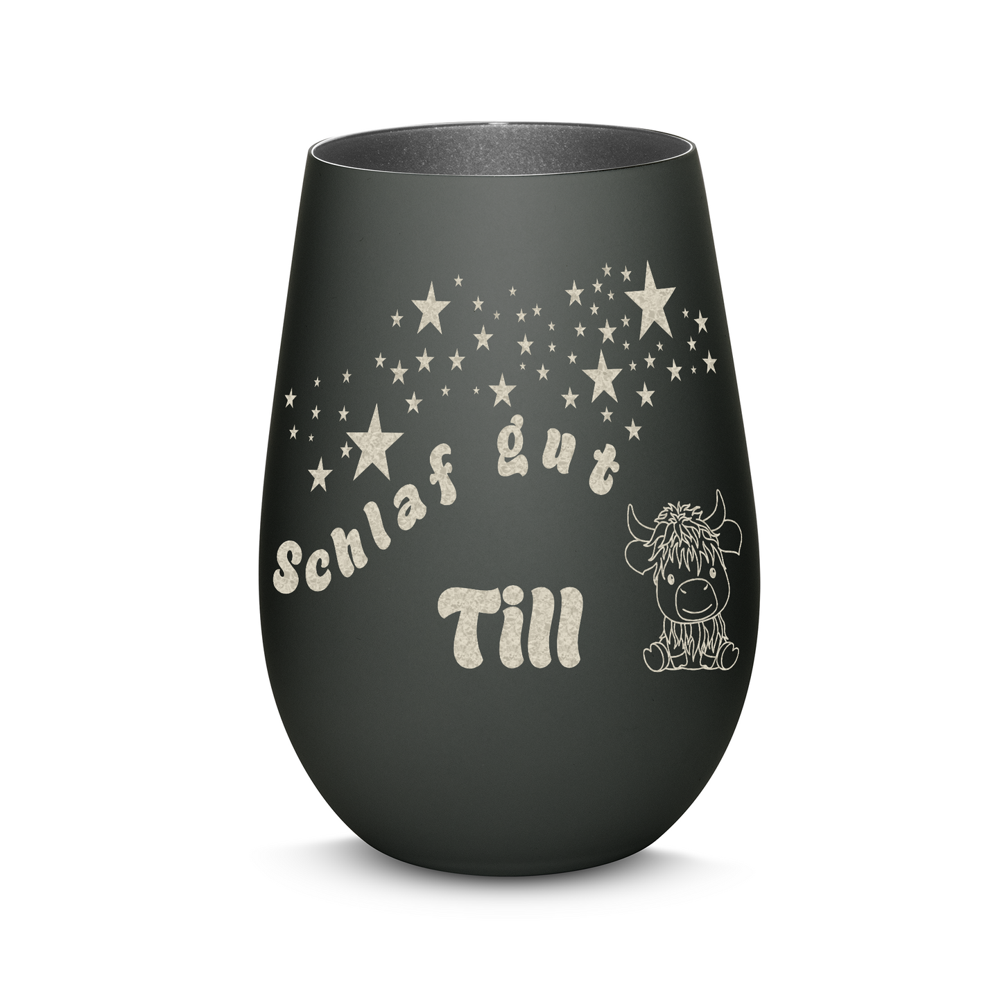 Hochwertiges Glas Windlicht für Kinder mit Gravur "SCHLAF GUT" Motiv Bison mit Wunschname in der Farbe Schwarz/Silber