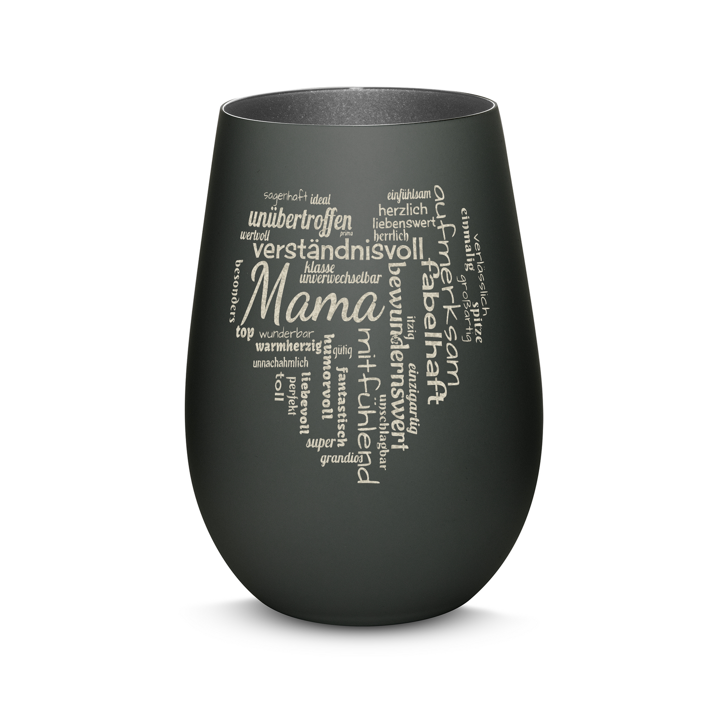 Hochwertiges Glas Windlicht mit Gravur "MAMA GROßES HERZ" in der Farbe Schwarz/Silber