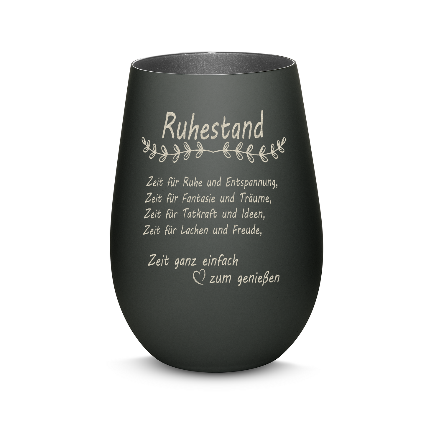 Hochwertiges Glas Windlicht mit Gravur "ALLES GUTE ZUM RUHESTAND" in der Farbe Schwarz/Silber