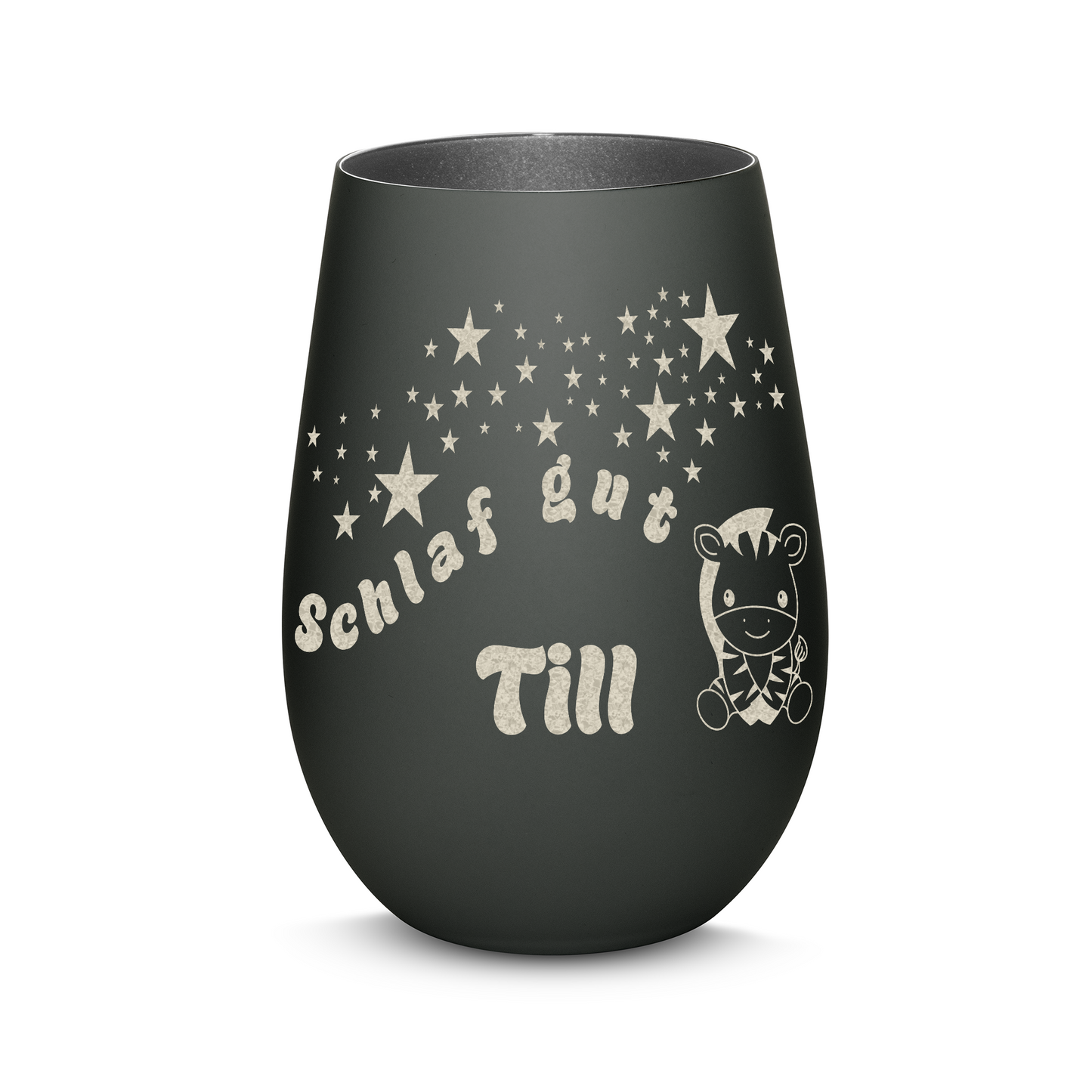 Hochwertiges Glas Windlicht für Kinder mit Gravur "SCHLAF GUT" Motiv Zebra mit Wunschname in der Farbe Schwarz/Silber
