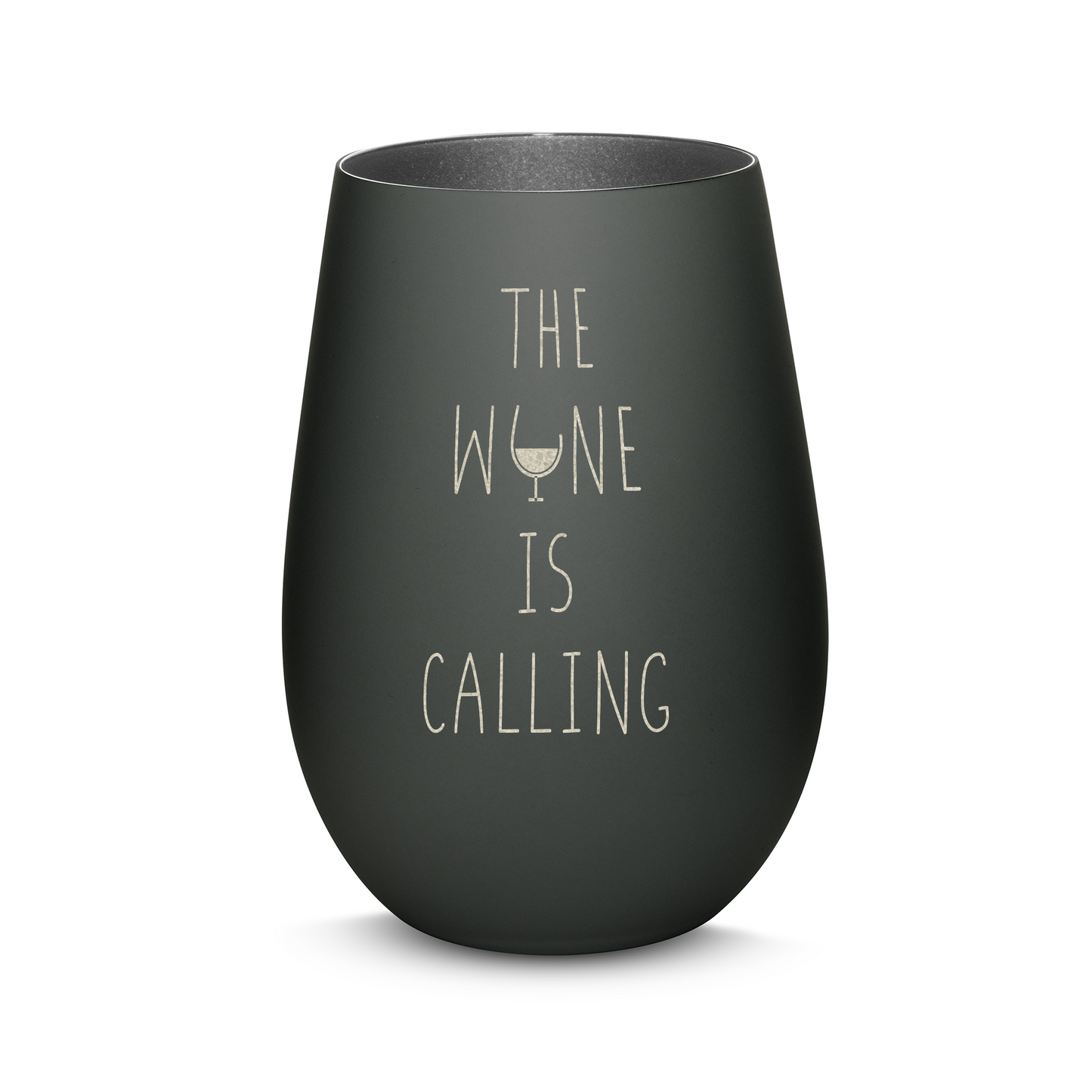 Hochwertiges Glas Windlicht mit Gravur "THE WINE IS CALLING" in der Farbe Schwarz/Silber