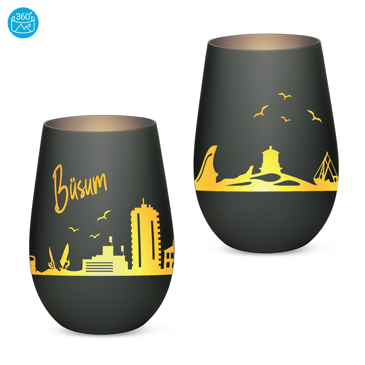 Hochwertiges Glas Windlicht mit Gravur "SKYLINE BÜSUM" in der Farbe Schwarz/Silber