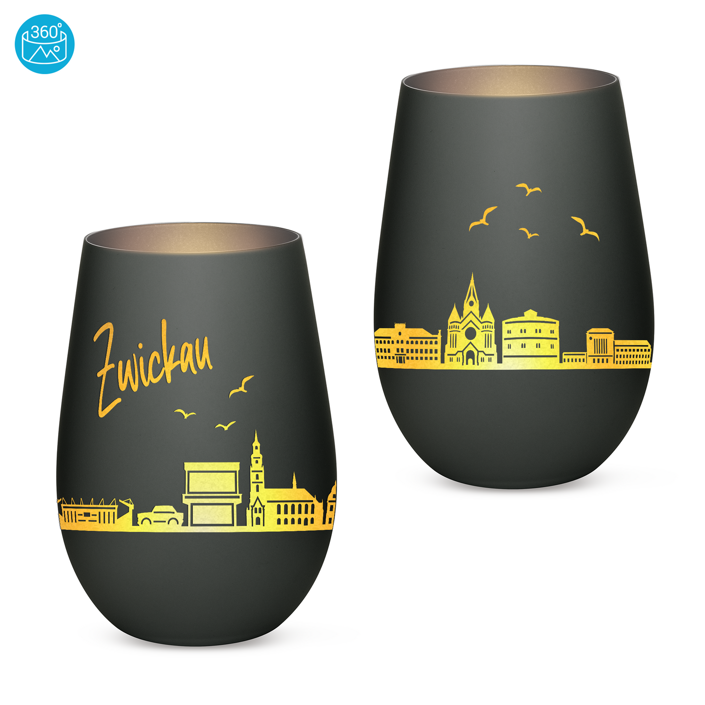 Hochwertiges Glas Windlicht mit Gravur "SKYLINE ZWICKAU" in der Farbe Schwarz/Silber