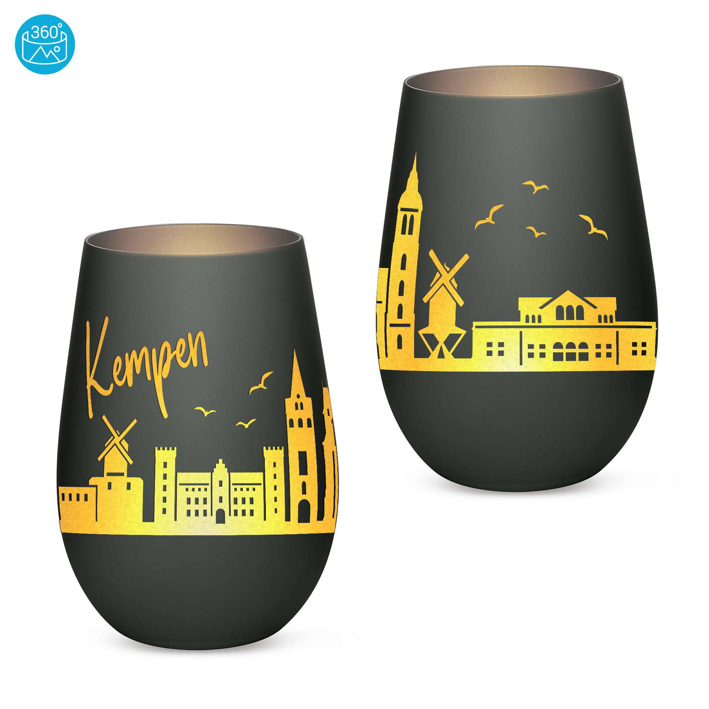 Hochwertiges Glas Windlicht mit Gravur "SKYLINE KEMPEN" in der Farbe Schwarz/Silber
