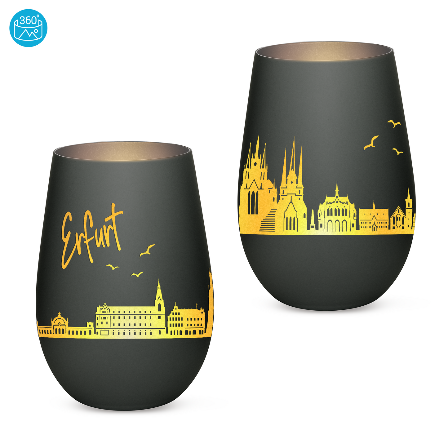 Hochwertiges Glas Windlicht mit Gravur "SKYLINE ERFURT" in der Farbe Schwarz/Silber
