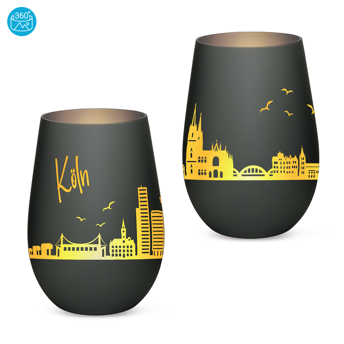Hochwertiges Glas Windlicht mit Gravur "SKYLINE KÖLN" in der Farbe Schwarz/Silber