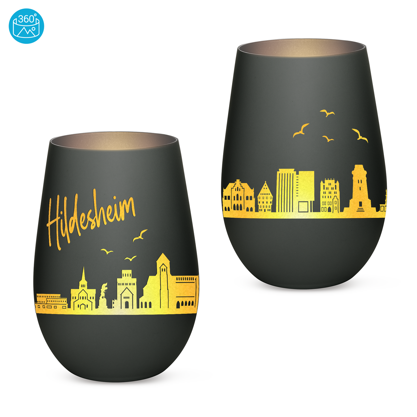 Hochwertiges Glas Windlicht mit Gravur "SKYLINE HILDESHEIM" in der Farbe Schwarz/Silber