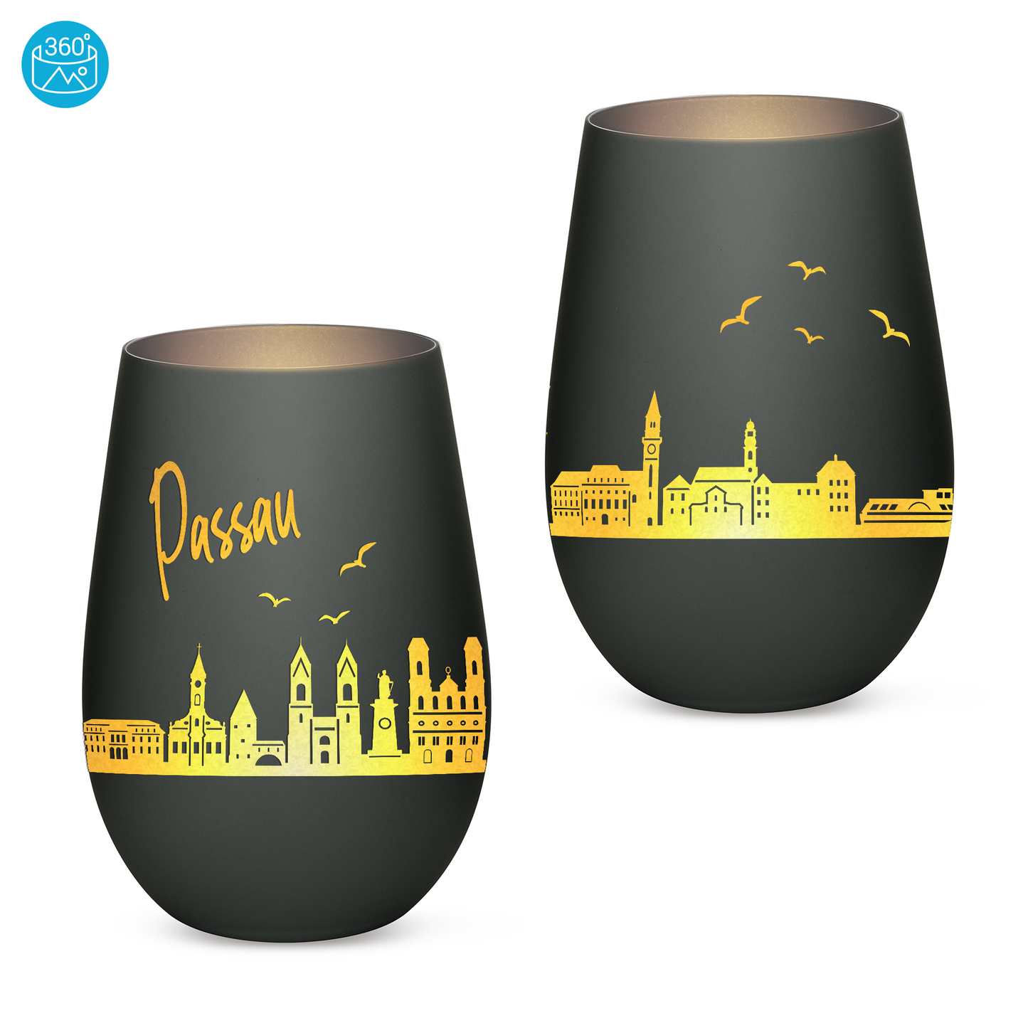 Hochwertiges Glas Windlicht mit Gravur "SKYLINE PASSAU" in der Farbe Schwarz/Silber