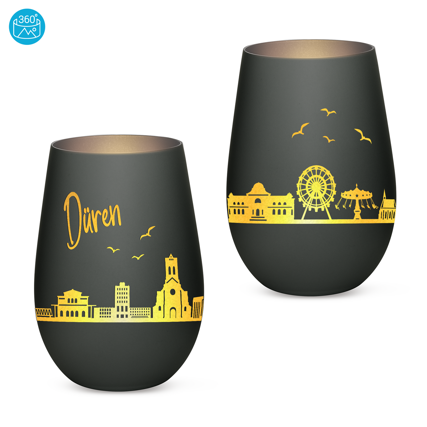 Hochwertiges Glas Windlicht mit Gravur "SKYLINE DÜREN" in der Farbe Schwarz/Silber