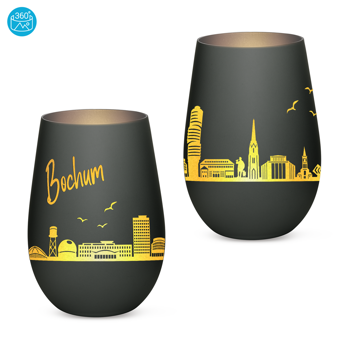 Hochwertiges Glas Windlicht mit Gravur "SKYLINE BOCHUM" in der Farbe Schwarz/Silber