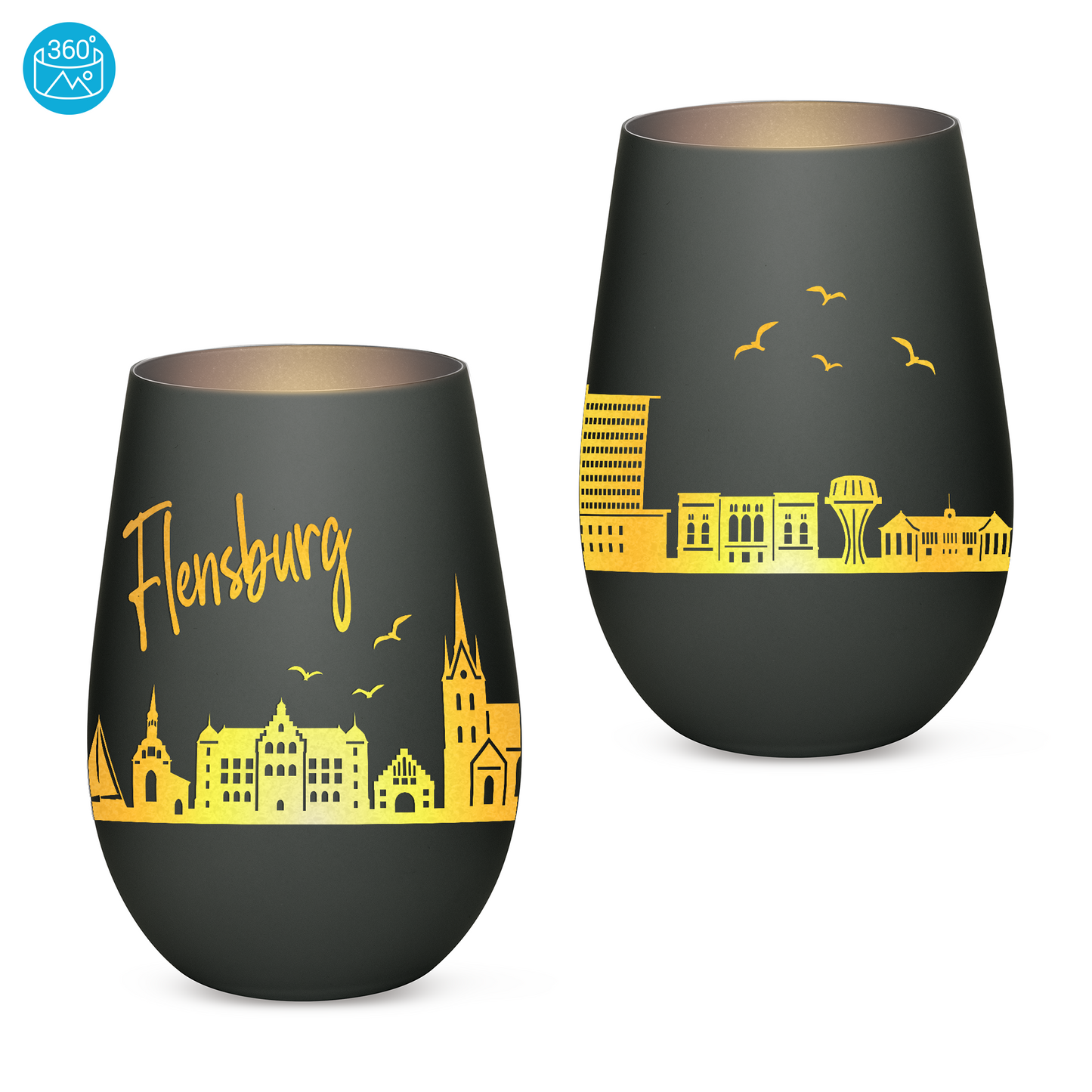 Hochwertiges Glas Windlicht mit Gravur "SKYLINE FLENSBURG" in der Farbe Schwarz/Silber