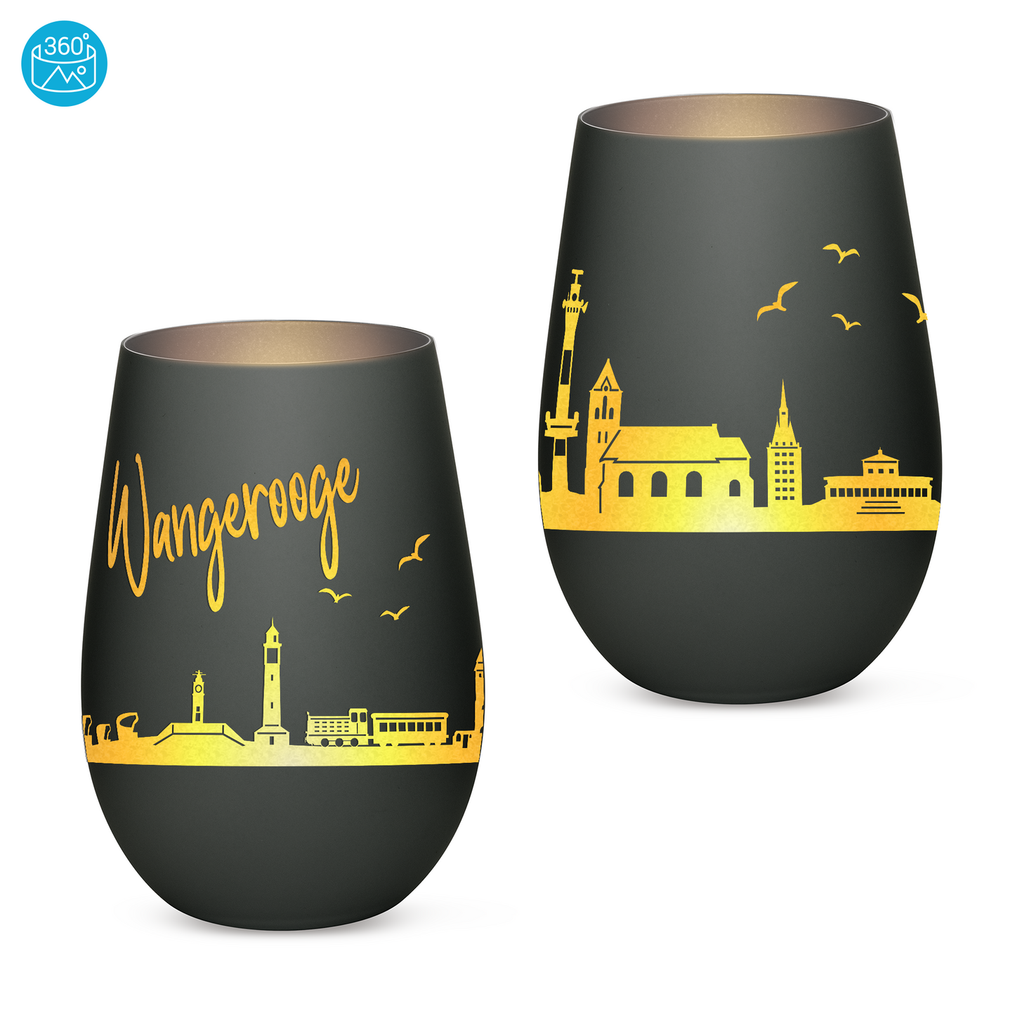 Hochwertiges Glas Windlicht mit Gravur "SKYLINE WANGEROOGE" in der Farbe Schwarz/Silber