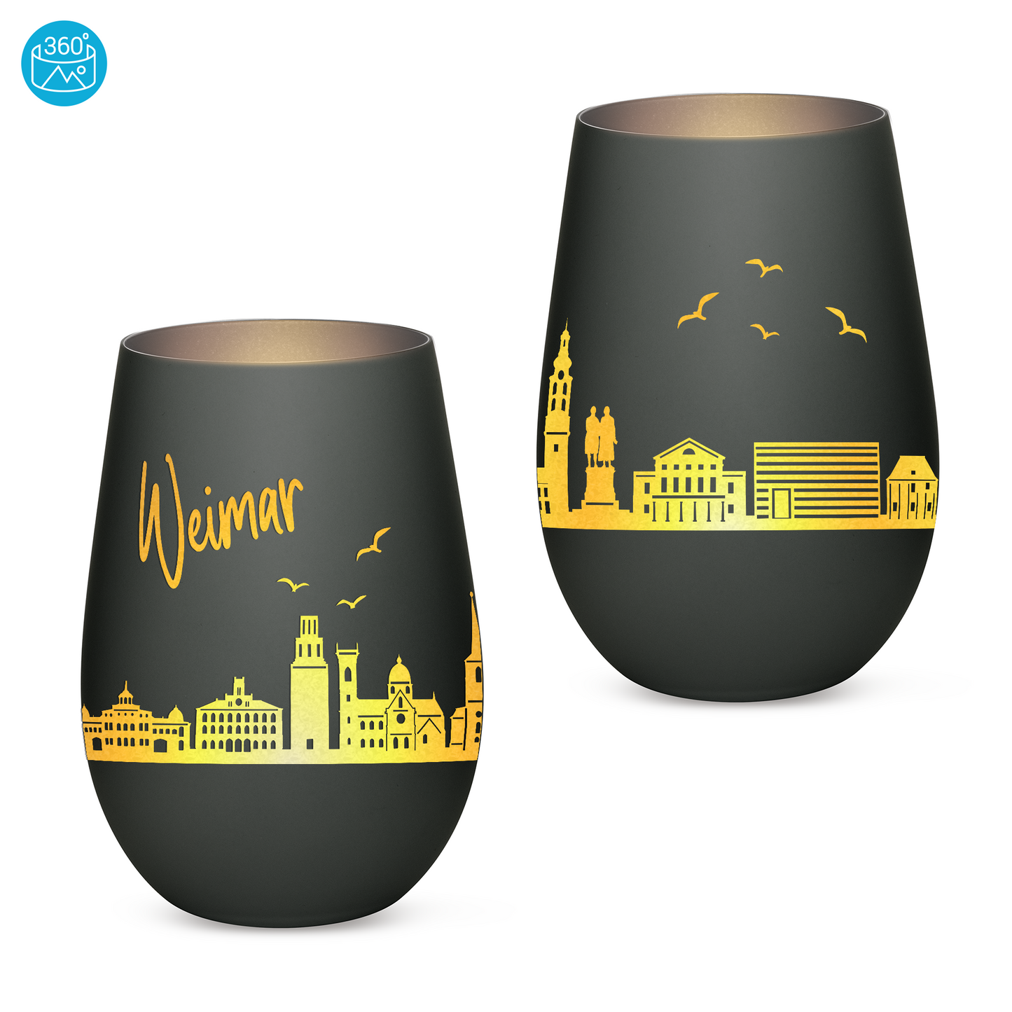 Hochwertiges Glas Windlicht mit Gravur "SKYLINE WEIMAR" in der Farbe Schwarz/Silber