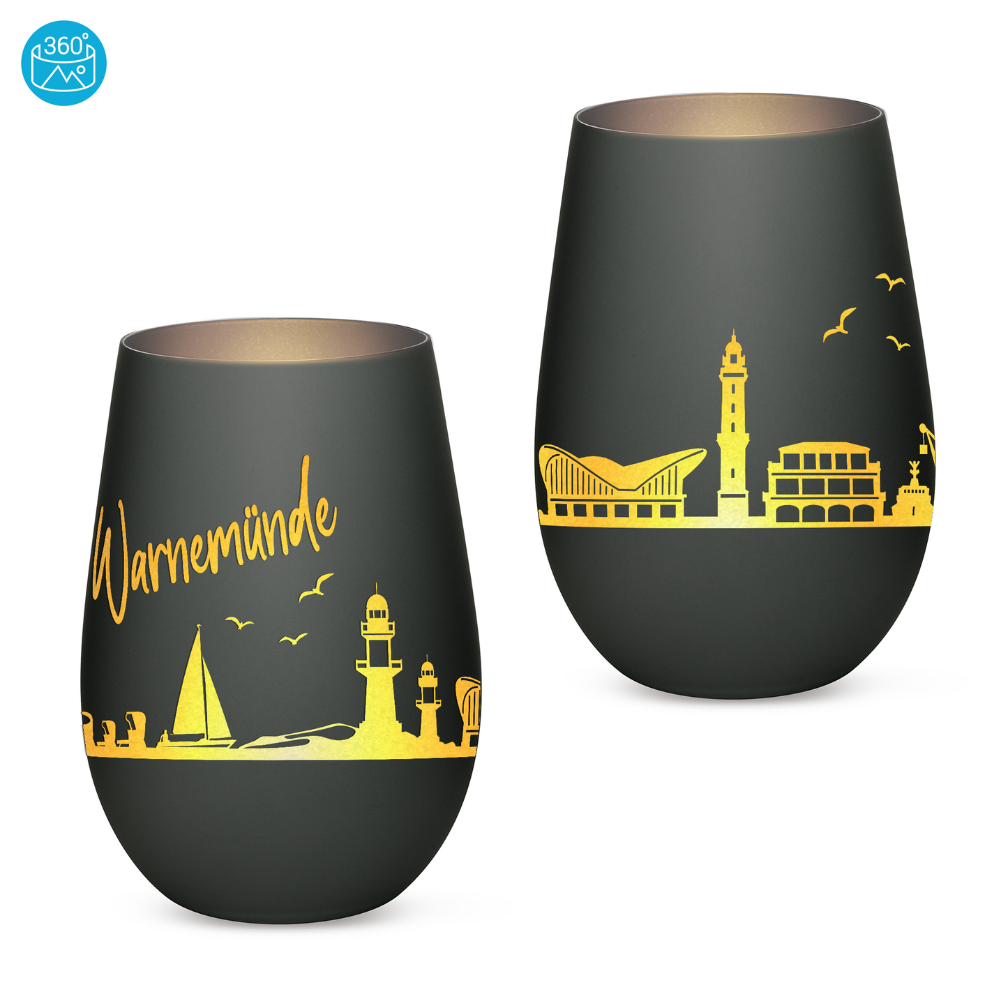 Hochwertiges Glas Windlicht mit Gravur "SKYLINE WARNEMÜNDE" in der Farbe Schwarz/Silber