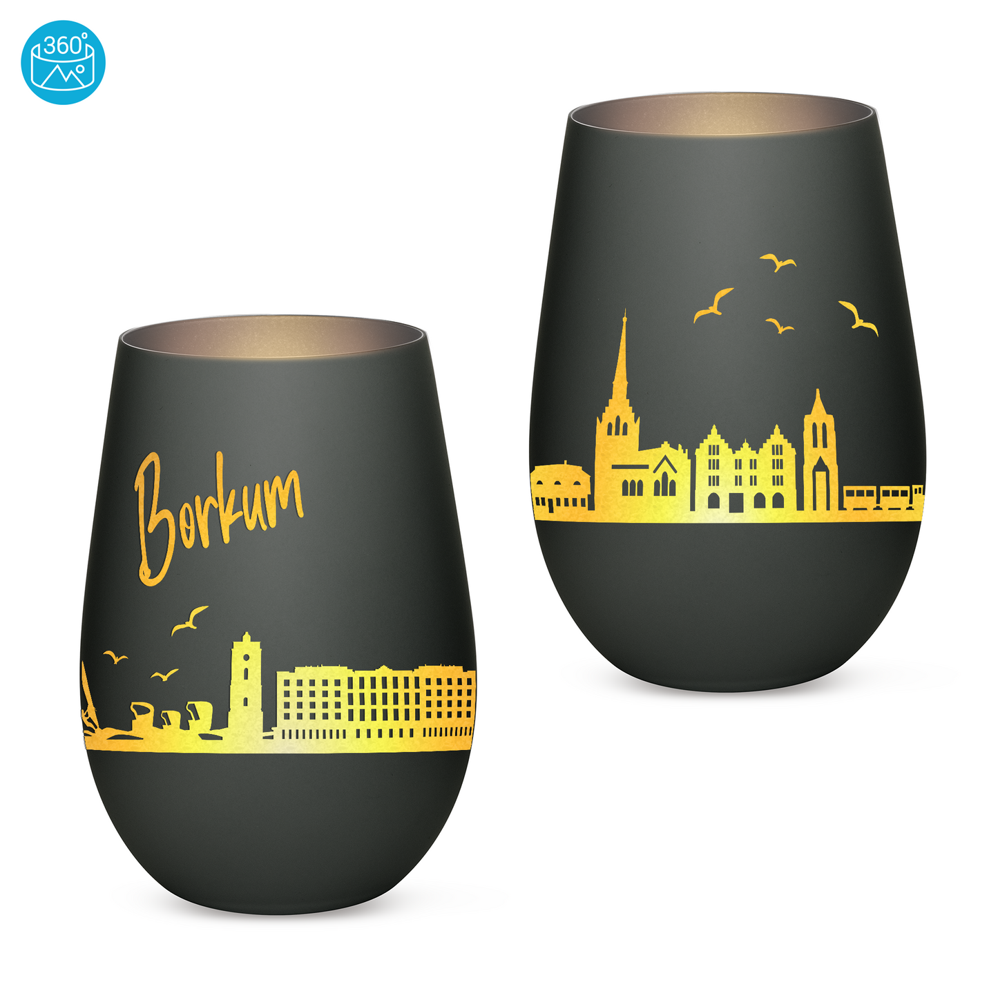 Hochwertiges Glas Windlicht mit Gravur "SKYLINE BORKUM" in der Farbe Schwarz/Silber