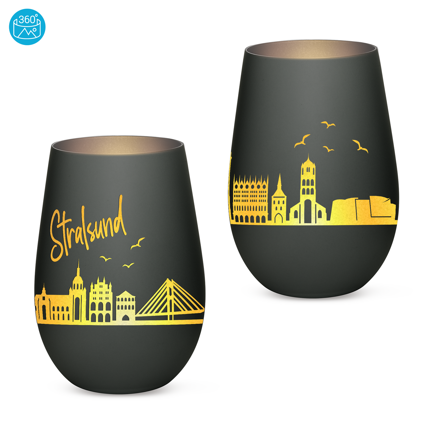 Hochwertiges Glas Windlicht mit Gravur "SKYLINE STRALSUND" in der Farbe Schwarz/Silber
