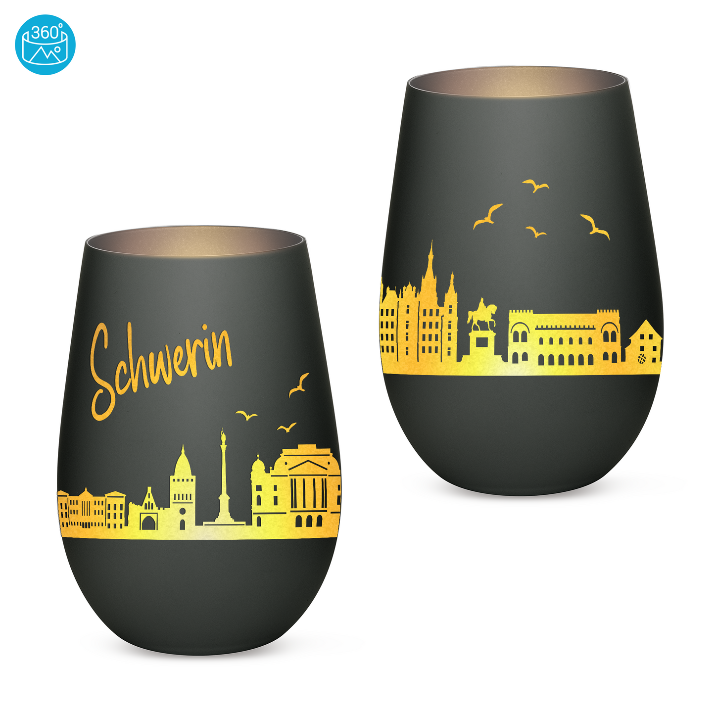 Hochwertiges Glas Windlicht mit Gravur "SKYLINE SCHWERIN" in der Farbe Schwarz/Silber