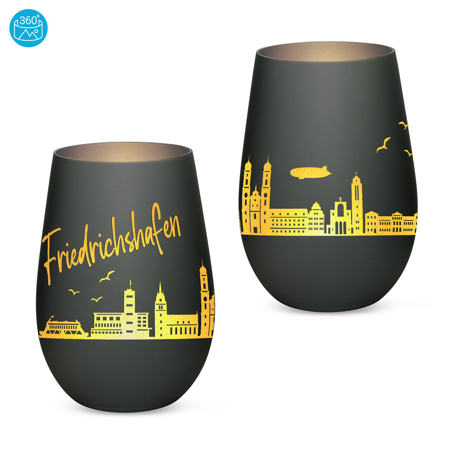 Hochwertiges Glas Windlicht mit Gravur "SKYLINE FRIEDRICHSHAFEN" in der Farbe Schwarz/Silber